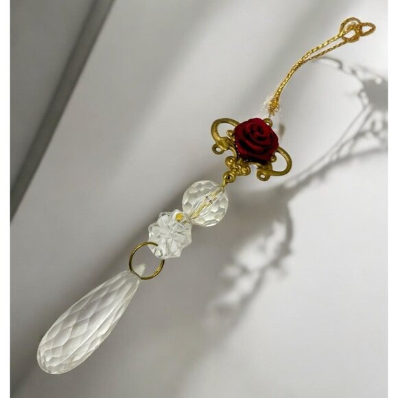 Elegant Faux Crystal Dangle Christmas Tree Ornament Rose with Brass Tone Accent - Picture 1 of 6